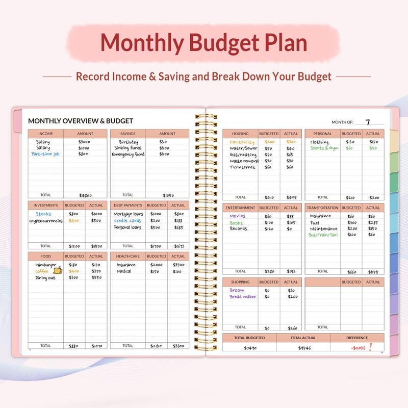 ساني مخطط ميزانية SUNEE - كتاب ميزانية شهرية مع دفتر ملاحظات لتتبع النفقات، A4 (8.5 بوصة × 11 بوصة) منظم فاتورة غير مؤرخ لمدة 12 شهرًا ومخطط مالي لإدارة أموالك، دفتر حساب مع علامة تبويب ملونة، وردي - Image 3